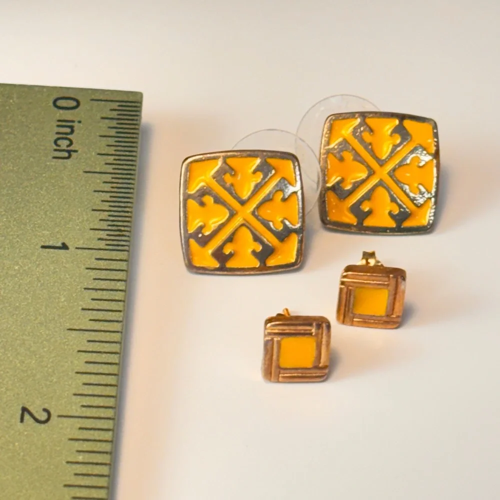 Square Stud Earrings Yellow Gold Tone Enamel Geometric Boho Statement Set 2 Pair